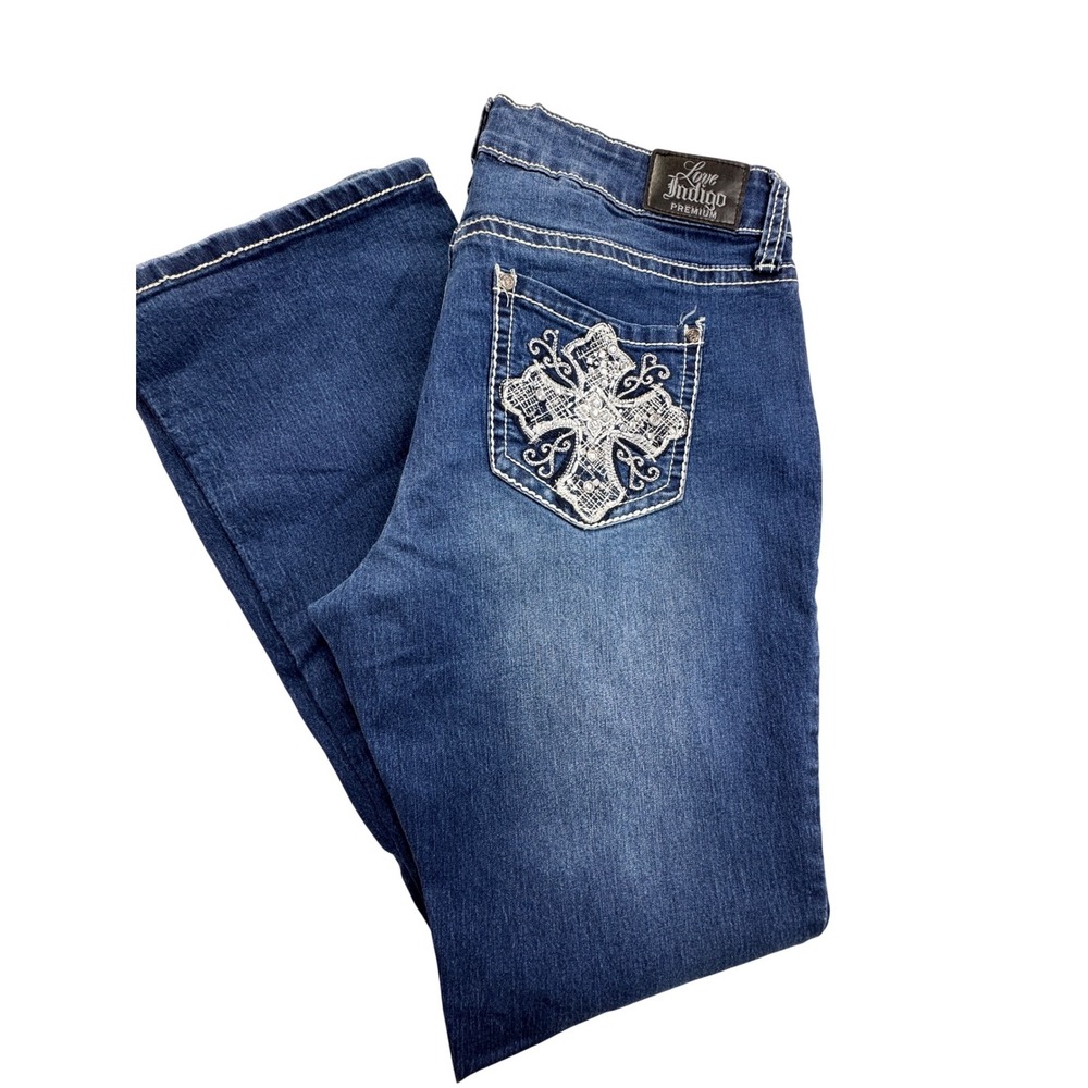 Love Indigo Premium women's Blue Bootcut Jeans Cross Rhinestone Pocket Sz 12 Y2K